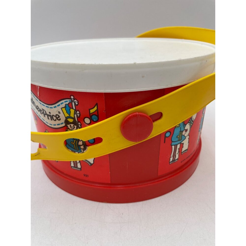 Vintage Fisher-Price Plastic Toy Drum Yellow Handle Marching Band Graphics 1979 - Picture 10 of 16